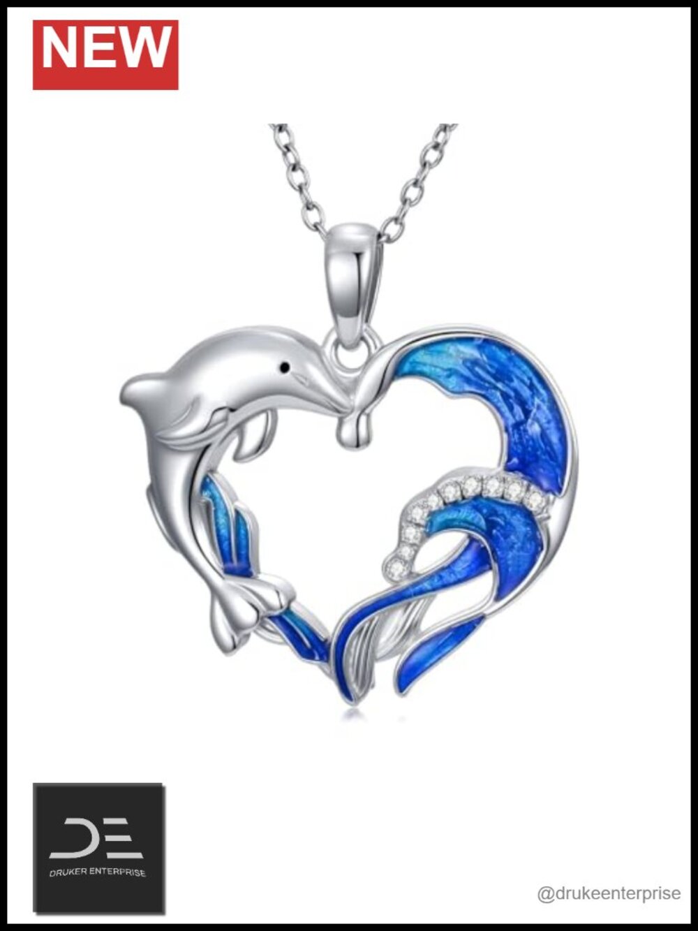 Diamond Dolphin Heart Pendant Necklace 925 Sterling Silver Lab Grown Diamonds